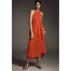 NWT By Anthropologie Halter Cutwork Lace Dress Orange  M